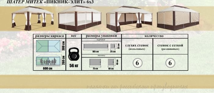 Шатер Митек Пикник-Элит 6,0 х 3,0 Усиленный каркас
