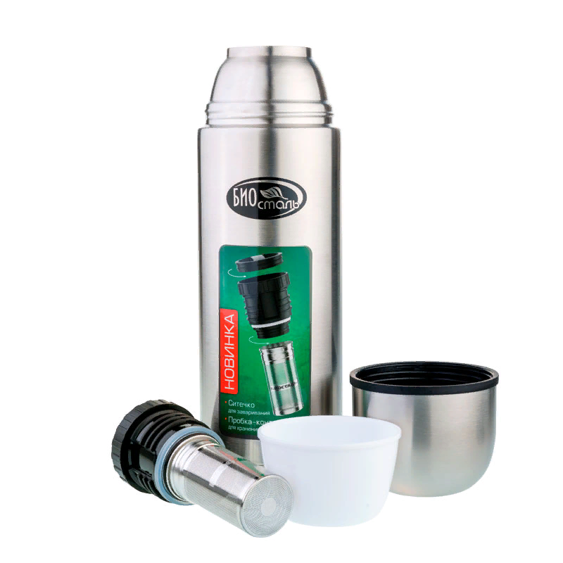 Термос Биосталь-ОХОТА с узкой горловиной и пробкой с ситечком, 1,0 л